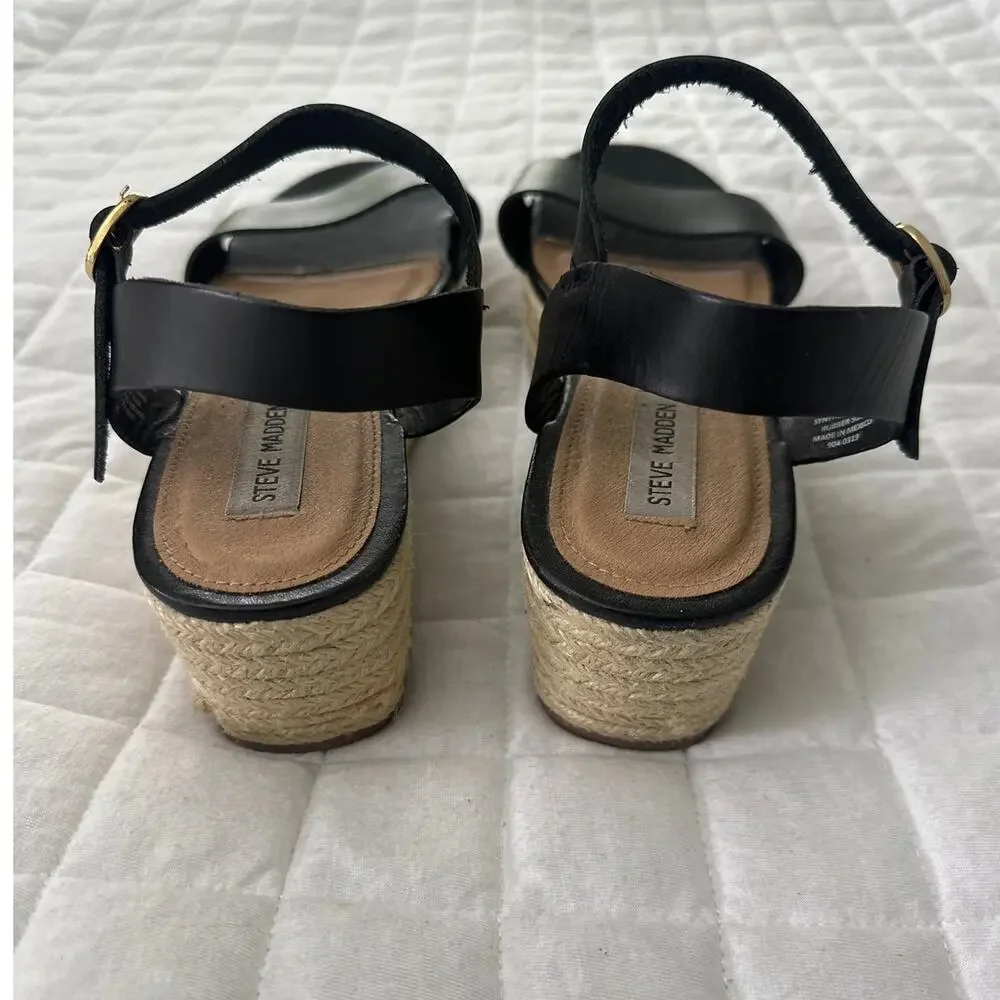 Steve Madden Sandals Womens 9.5 Wedge Espadrille Black Leather Brandice Resort